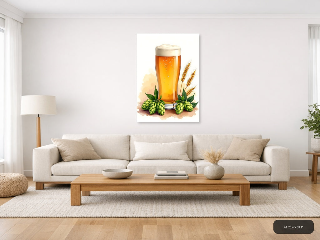 Beer Glass with Hops and Wheat Watercolor Wall Art — A1 / Living Room