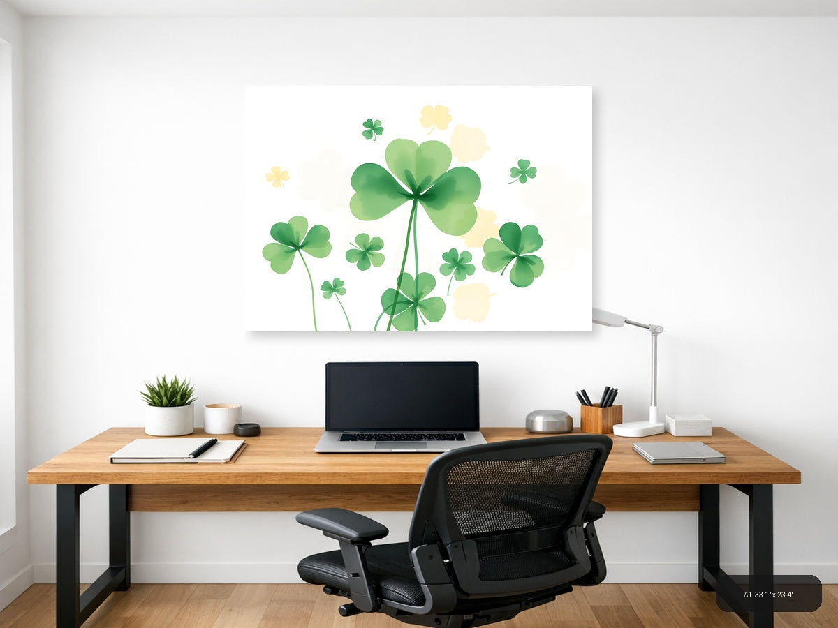 Lucky Four Leaf Clovers Watercolor Botanical Wall Art — A1 / Office