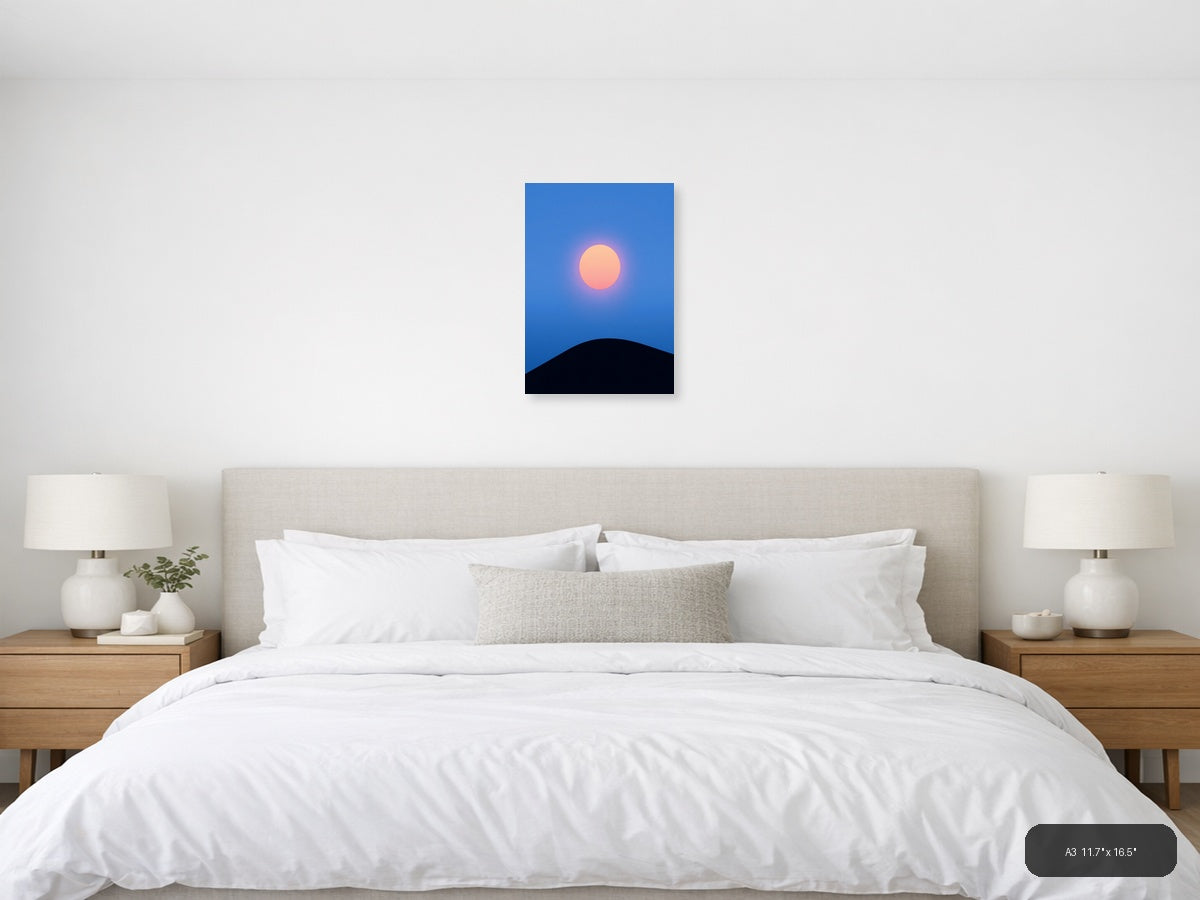 Minimalist Sunset Moon Rising Over Dark Hill Wall Art — A3 / Bedroom