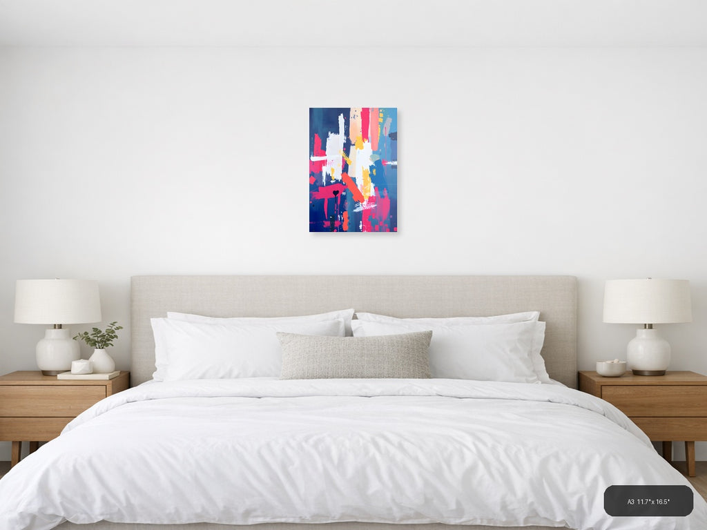 Vibrant Abstract Paint Splatter Blue Pink Yellow Wall Art — A3 / Bedroom