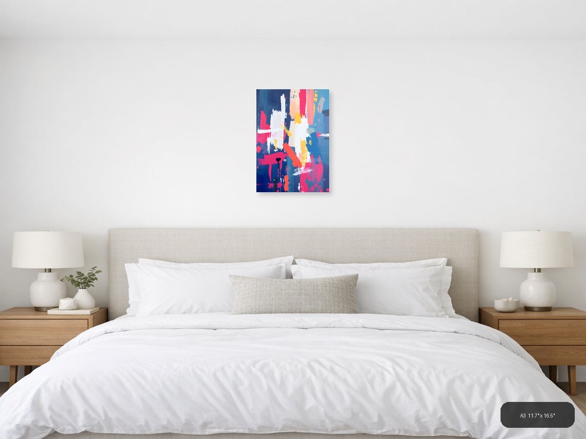 Vibrant Abstract Paint Splatter Blue Pink Yellow Wall Art — A3 / Bedroom