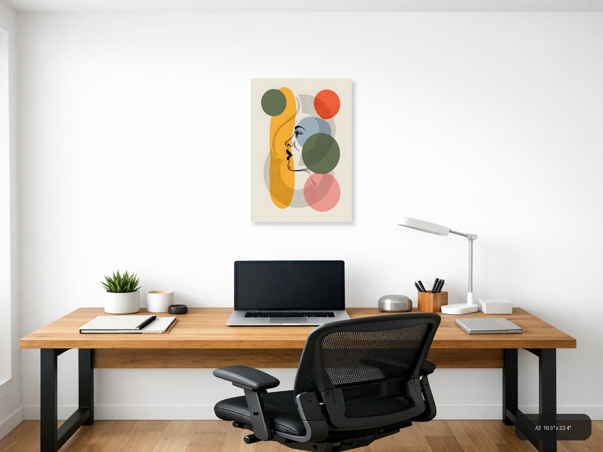 Abstract Line Art Portrait with Geometric Circles Wall Art — A2 / Office