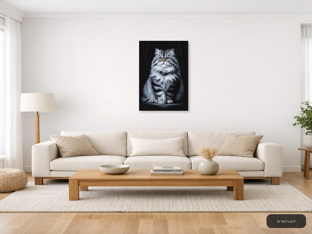 Majestic Grey Tabby Cat with Green Eyes Photography Wall Art — A2 / Living Room