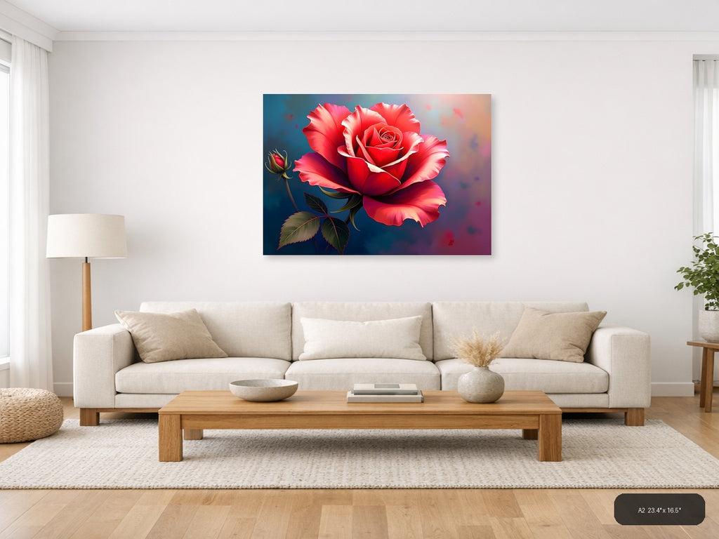 Red Rose with Buds Abstract Floral Wall Art — A2 / Living Room