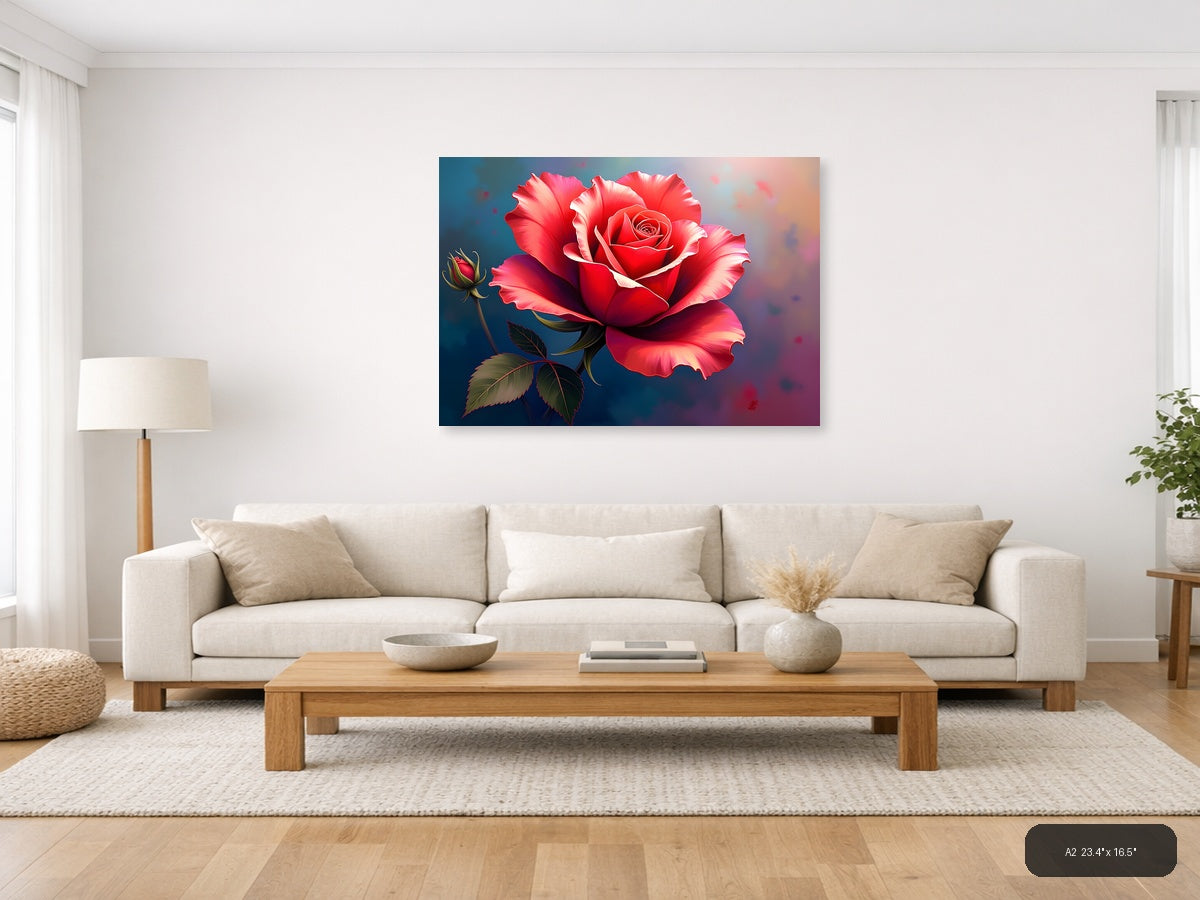 Red Rose with Bud Abstract Digital Wall Art — A2 / Living Room