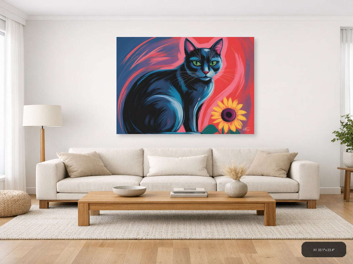 Blue Cat with Sunflower Abstract Pop Art Wall Art — A1 / Living Room