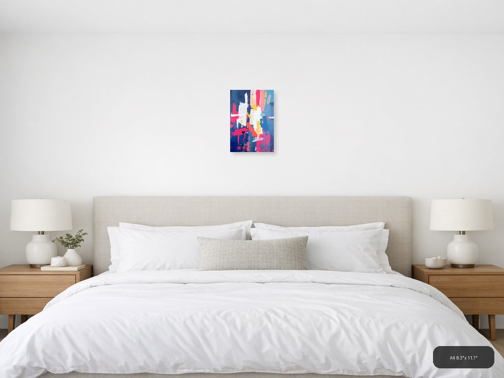 Vibrant Abstract Paint Splatter Blue Pink Yellow Wall Art — A4 / Bedroom
