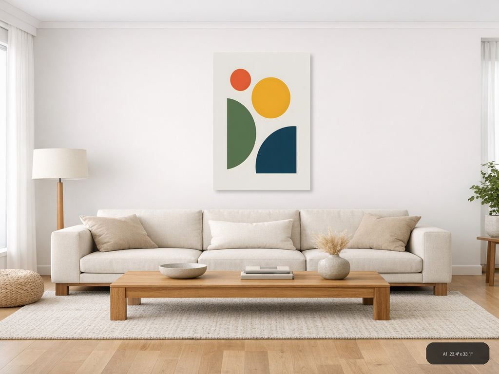 Minimalist Geometric Shapes in Green, Gold & Navy Wall Art — A1 / Living Room
