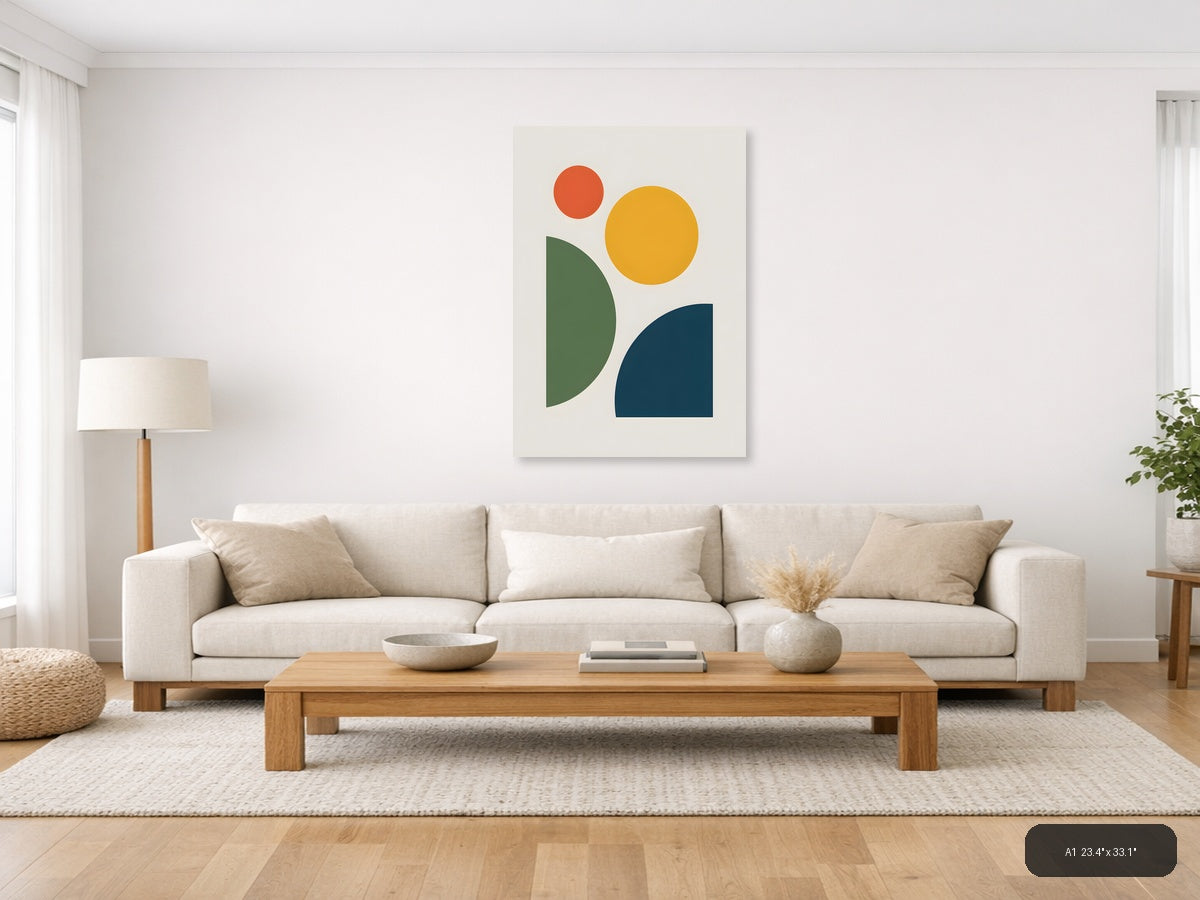Minimalist Geometric Shapes in Green, Gold & Navy Wall Art — A1 / Living Room
