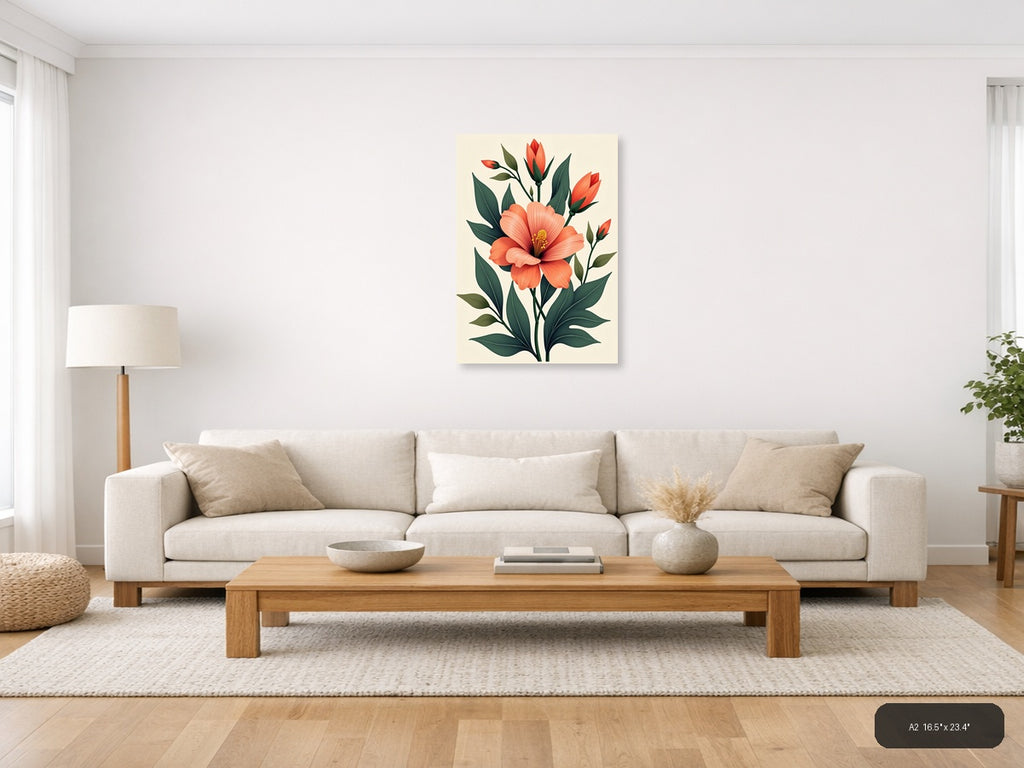Coral Hibiscus Botanical Illustration Portrait Wall Art — A2 / Living Room
