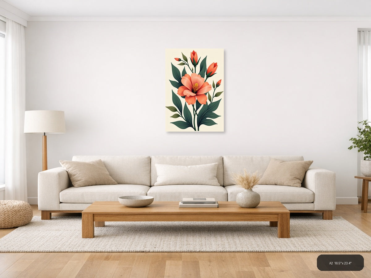 Coral Hibiscus Botanical Illustration Portrait Wall Art — A2 / Living Room