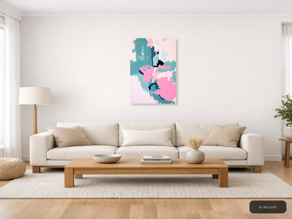 Abstract Teal Pink Black Brushstroke Map Wall Art — A2 / Living Room