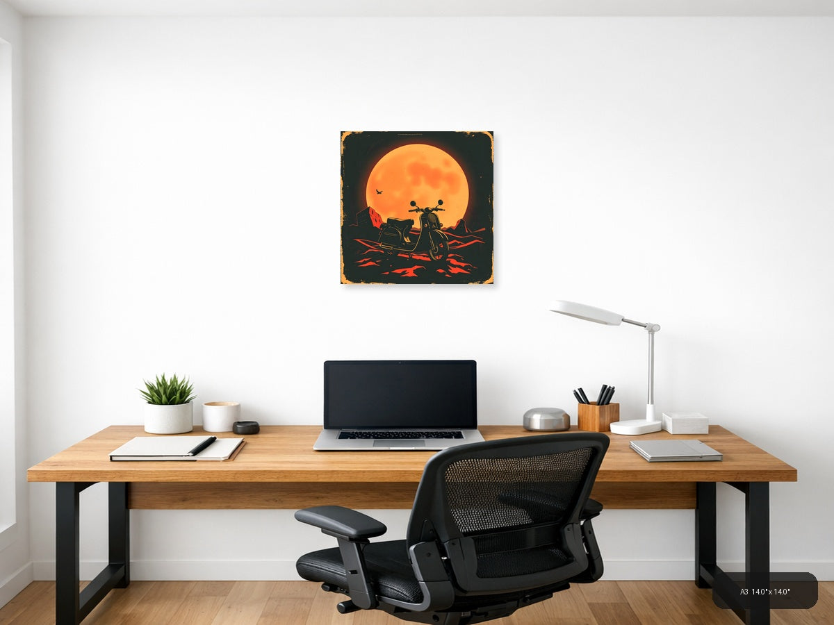 Vintage Motorcycle Sidecar Moon Silhouette Wall Art — A3 / Office