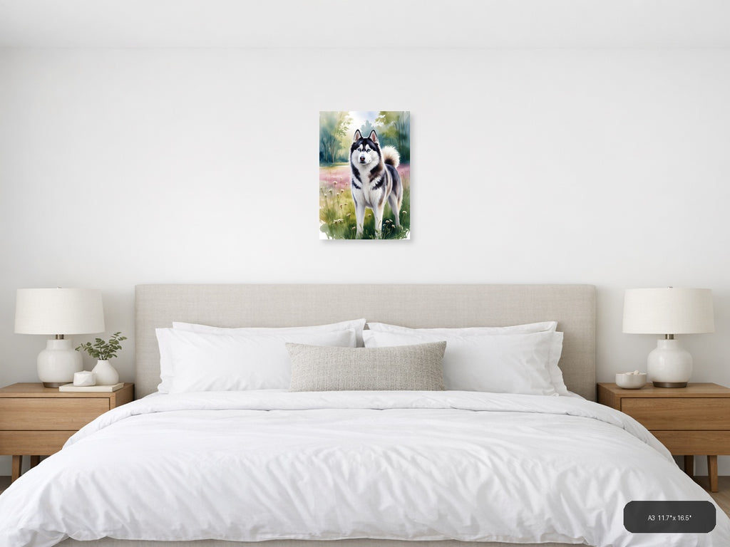 Husky Dog in Wildflower Meadow Watercolor Wall Art — A3 / Bedroom