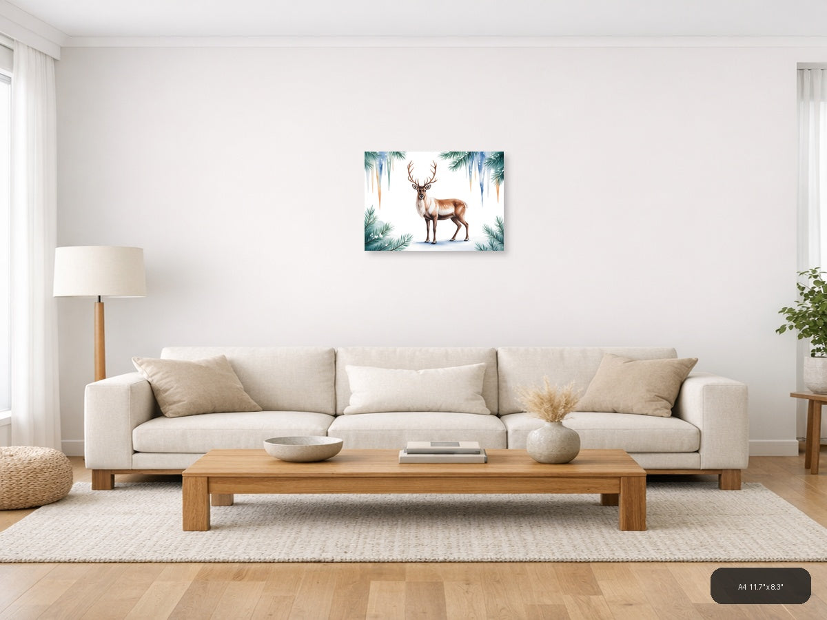 Winter Reindeer with Pine Branches Watercolor Wall Art — A4 / Living Room