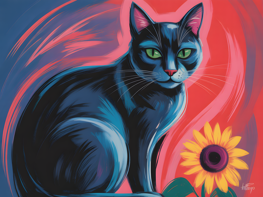 Blue Cat with Sunflower Abstract Pop Art Wall Art