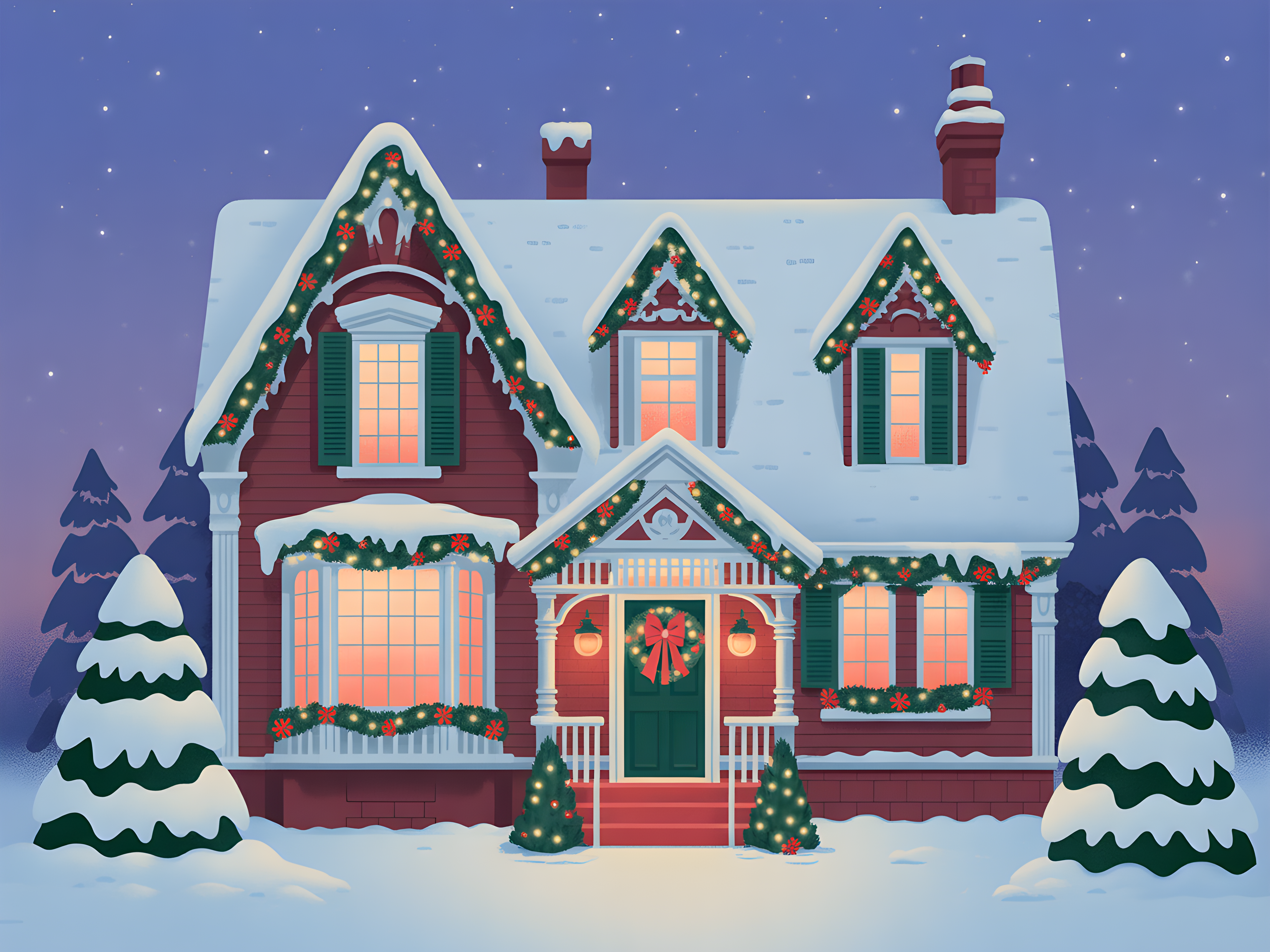 Vintage Christmas House Snow Scene Landscape Wall Art