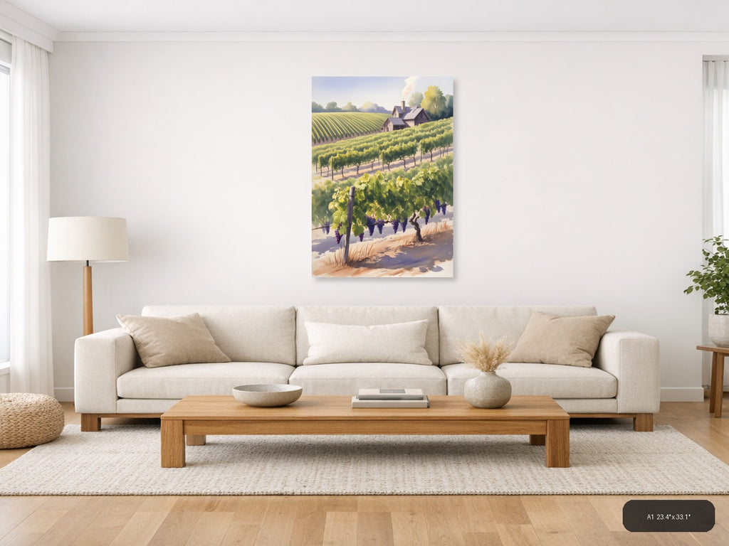 Vineyard Countryside Watercolor Landscape Wall Art — A1 / Living Room