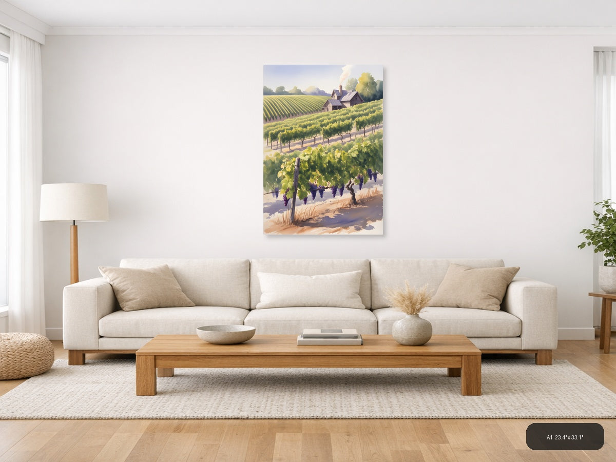 Vineyard Countryside Watercolor Landscape Wall Art — A1 / Living Room