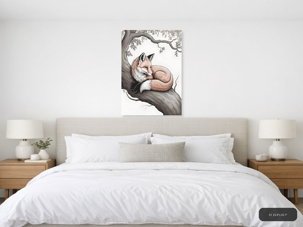 Resting Fox Under Oak Tree Line Art Wall Art — A1 / Bedroom