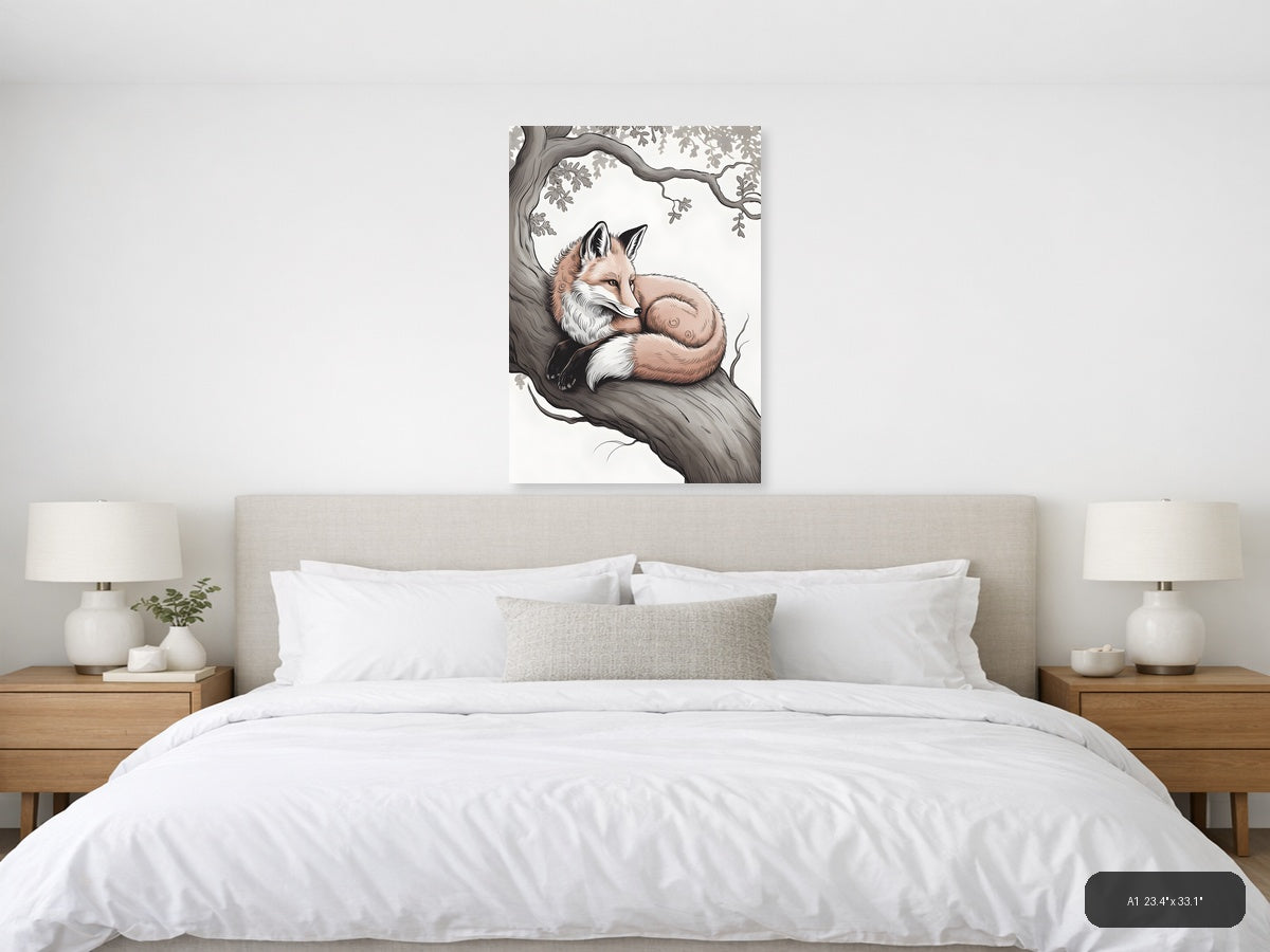 Resting Fox Under Oak Tree Line Art Wall Art — A1 / Bedroom