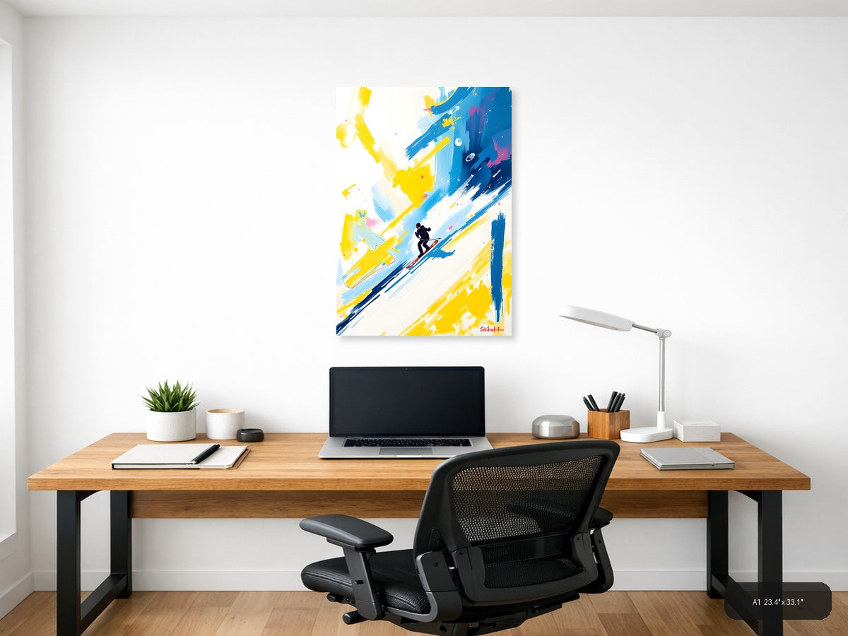 Abstract Skier in Blue & Yellow Strokes Wall Art — A1 / Office
