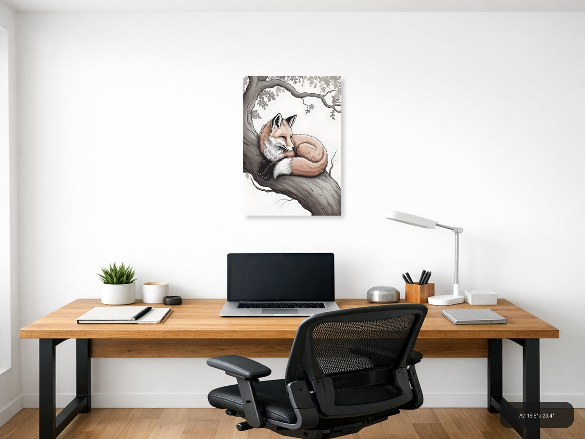 Resting Fox Under Oak Tree Line Art Wall Art — A2 / Office