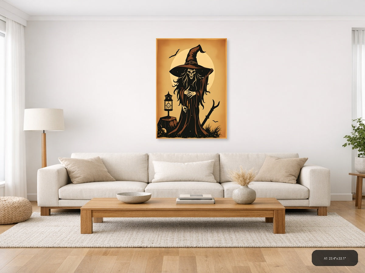 Vintage Skeleton Witch with Hat Moon Wall Art — A1 / Living Room