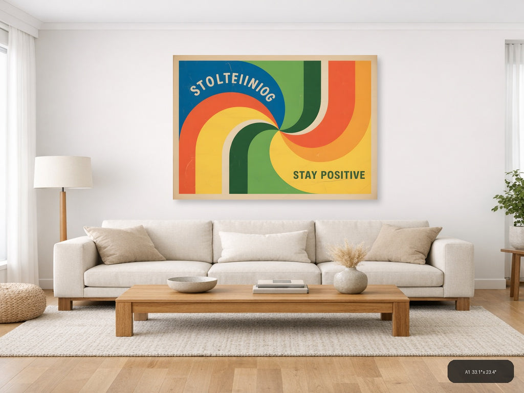 Vintage Retro Rainbow Curves 'Stay Positive' Wall Art — A1 / Living Room