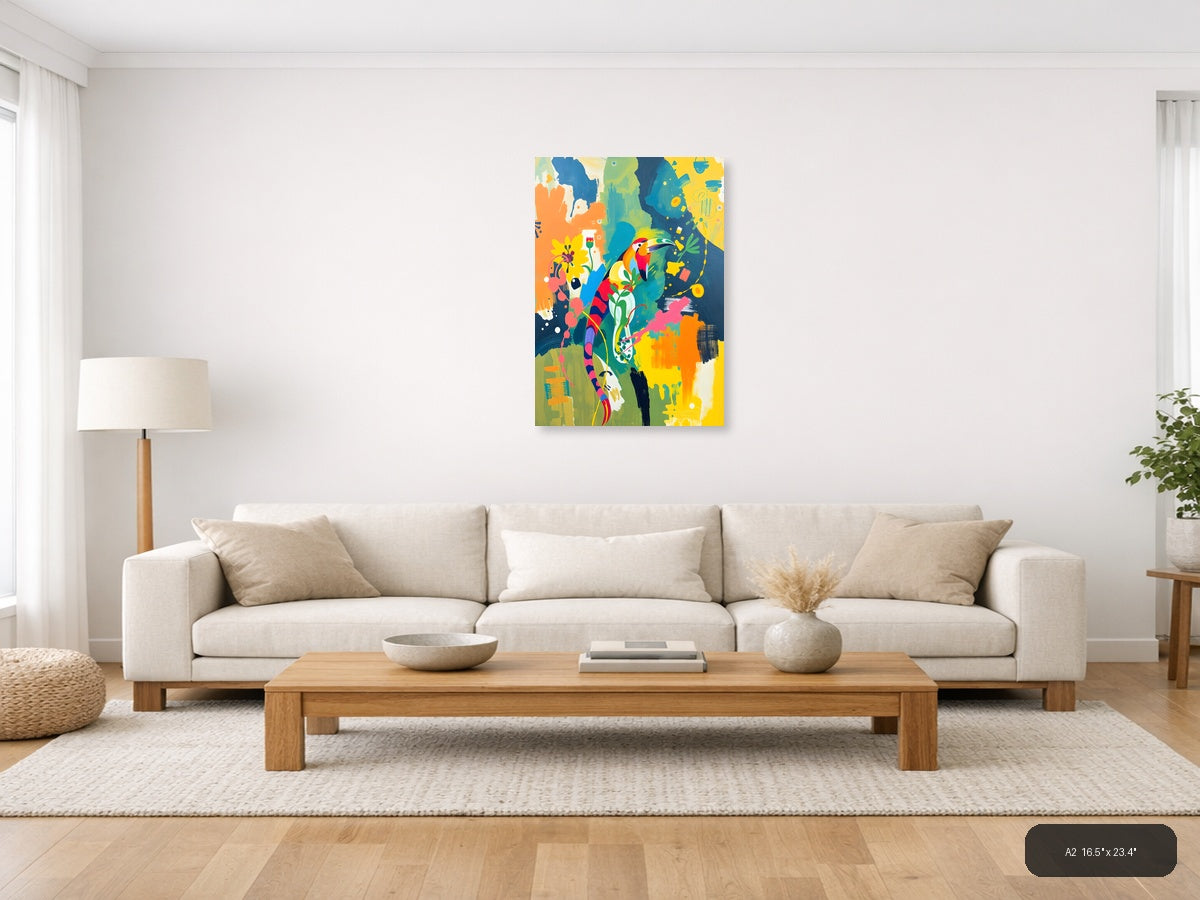 Vibrant Toucan & Floral Abstract Portrait Wall Art — A2 / Living Room