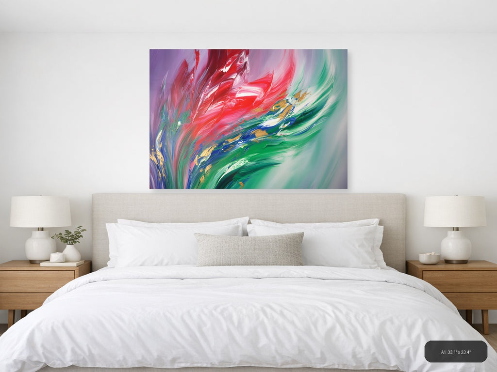 Red & Green Flowing Abstract Brushstroke Modern Wall Art — A1 / Bedroom