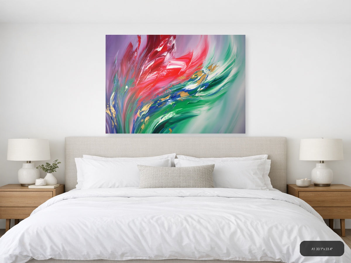 Red & Green Flowing Abstract Brushstroke Modern Wall Art — A1 / Bedroom