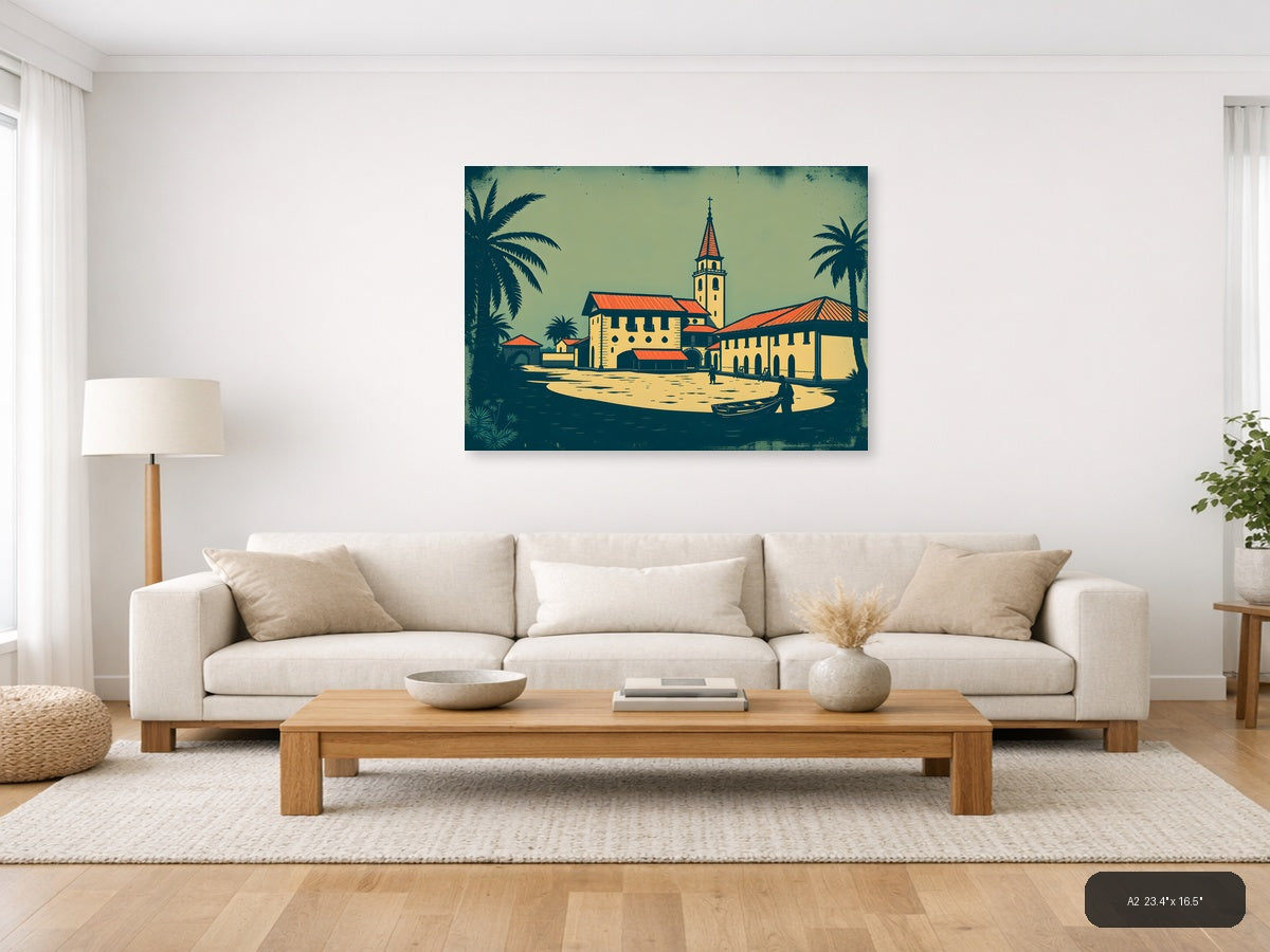 Vintage Tropical Church Landscape Wall Art — A2 / Living Room