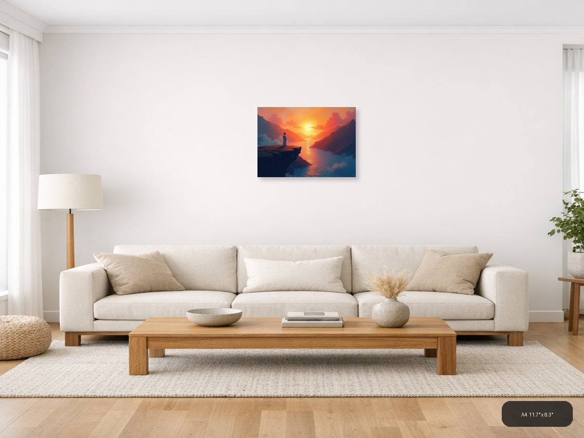 Sunset Mountain Valley Abstract Landscape Wall Art — A4 / Living Room