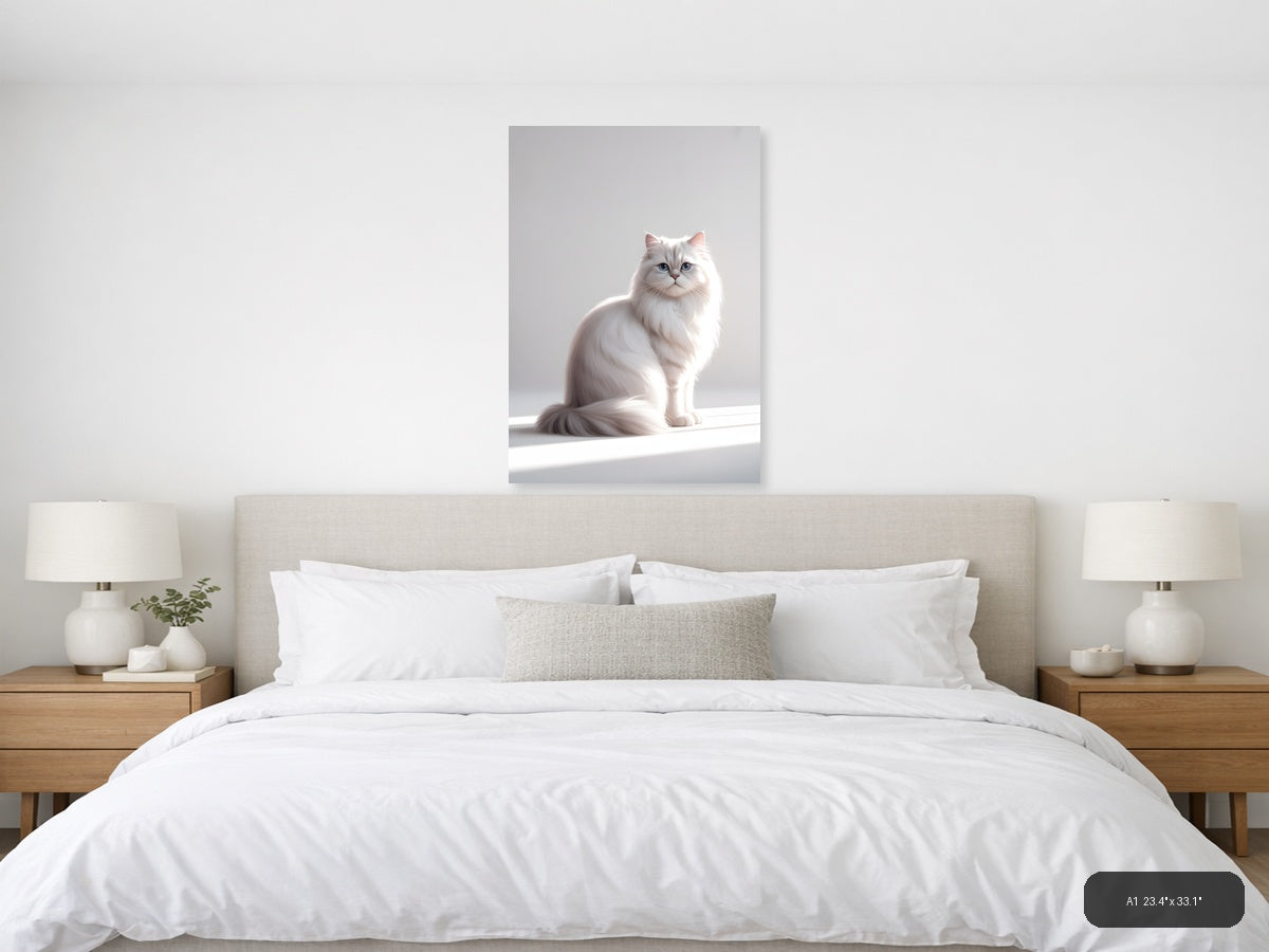 White Fluffy Cat with Blue Eyes Minimalist Wall Art — A1 / Bedroom