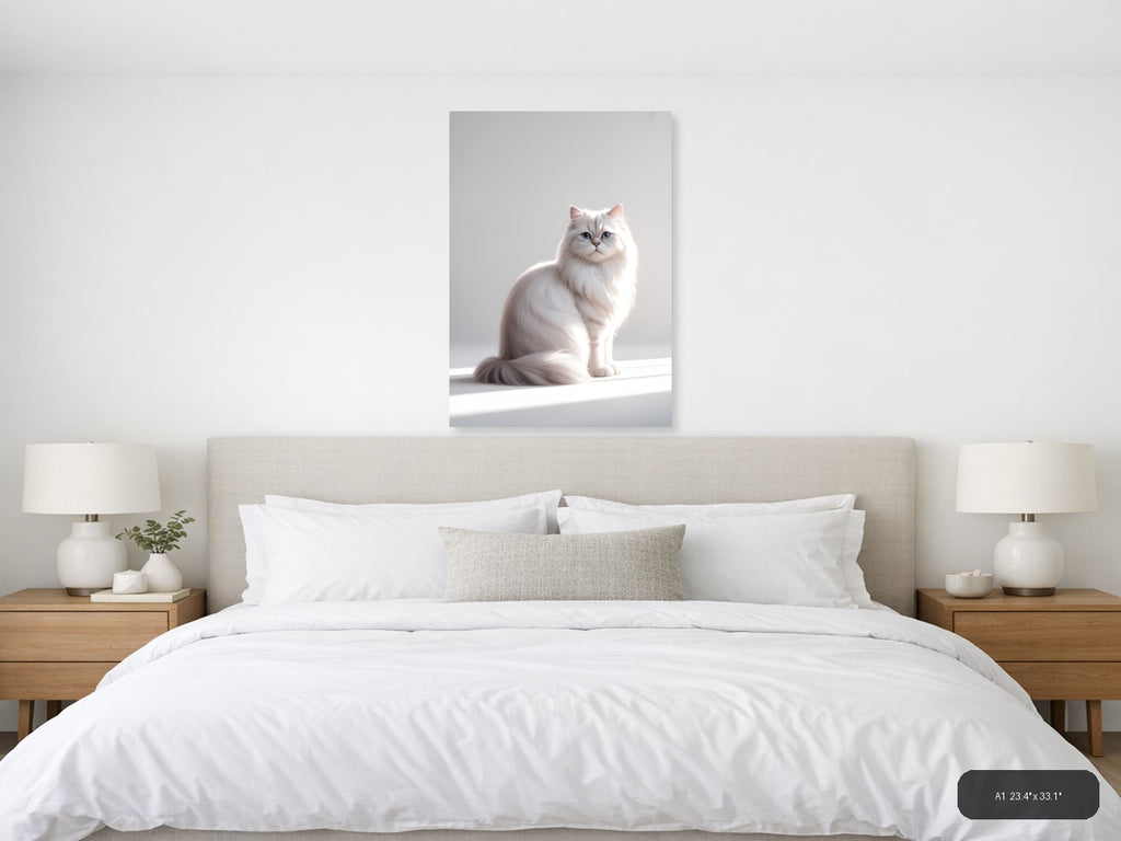 White Fluffy Cat with Blue Eyes Minimalist Wall Art — A1 / Bedroom