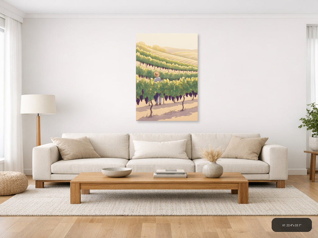 Vineyard Worker in Purple Grape Fields Line Art Wall Art — A1 / Living Room