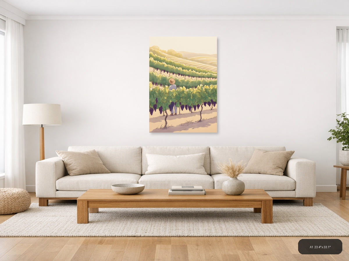 Vineyard Worker in Purple Grape Fields Line Art Wall Art — A1 / Living Room