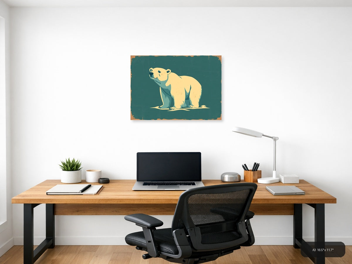 Vintage Polar Bear Illustration Teal Wall Art — A3 / Office