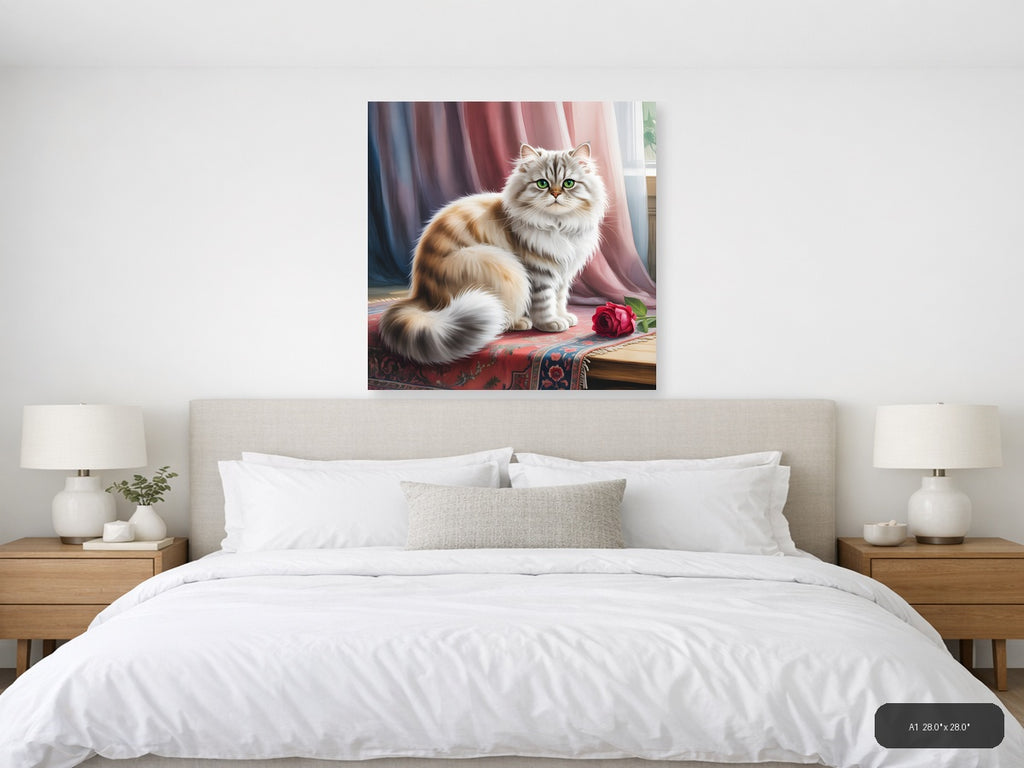 Fluffy Cat with Green Eyes Watercolor Wall Art — A1 / Bedroom