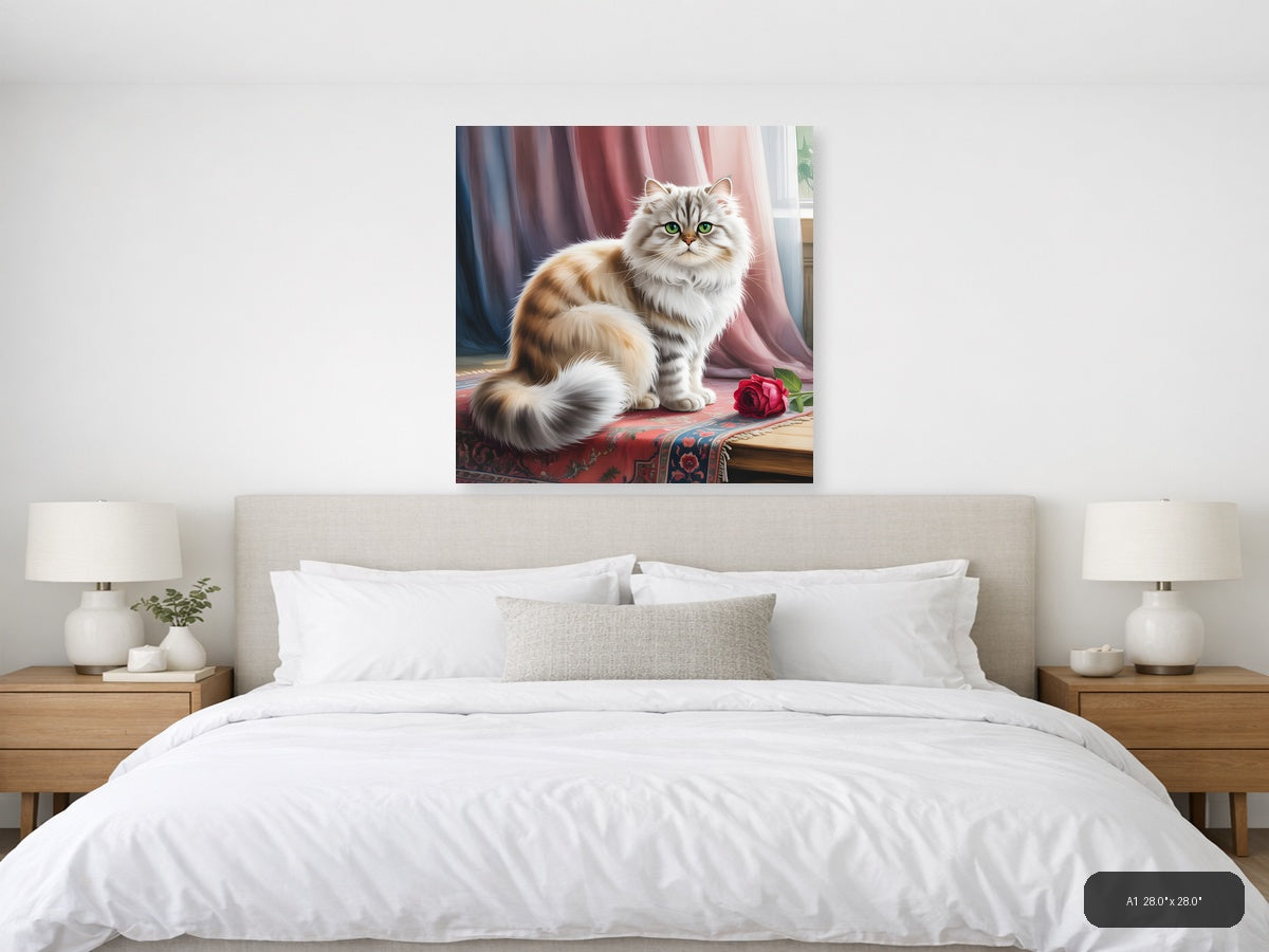 Fluffy Cat with Green Eyes Watercolor Wall Art — A1 / Bedroom