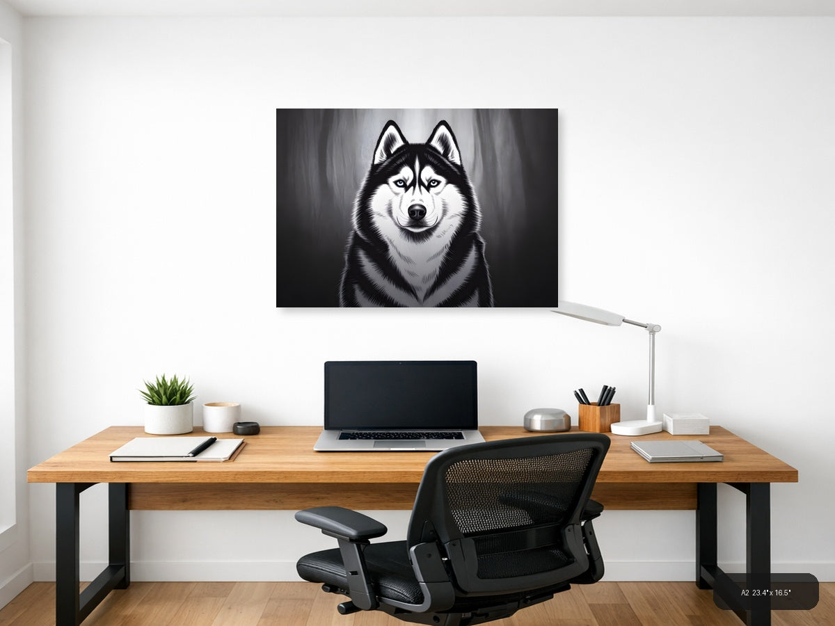 Striking Husky Portrait Black and White Photography Wall Art — A2 / Office