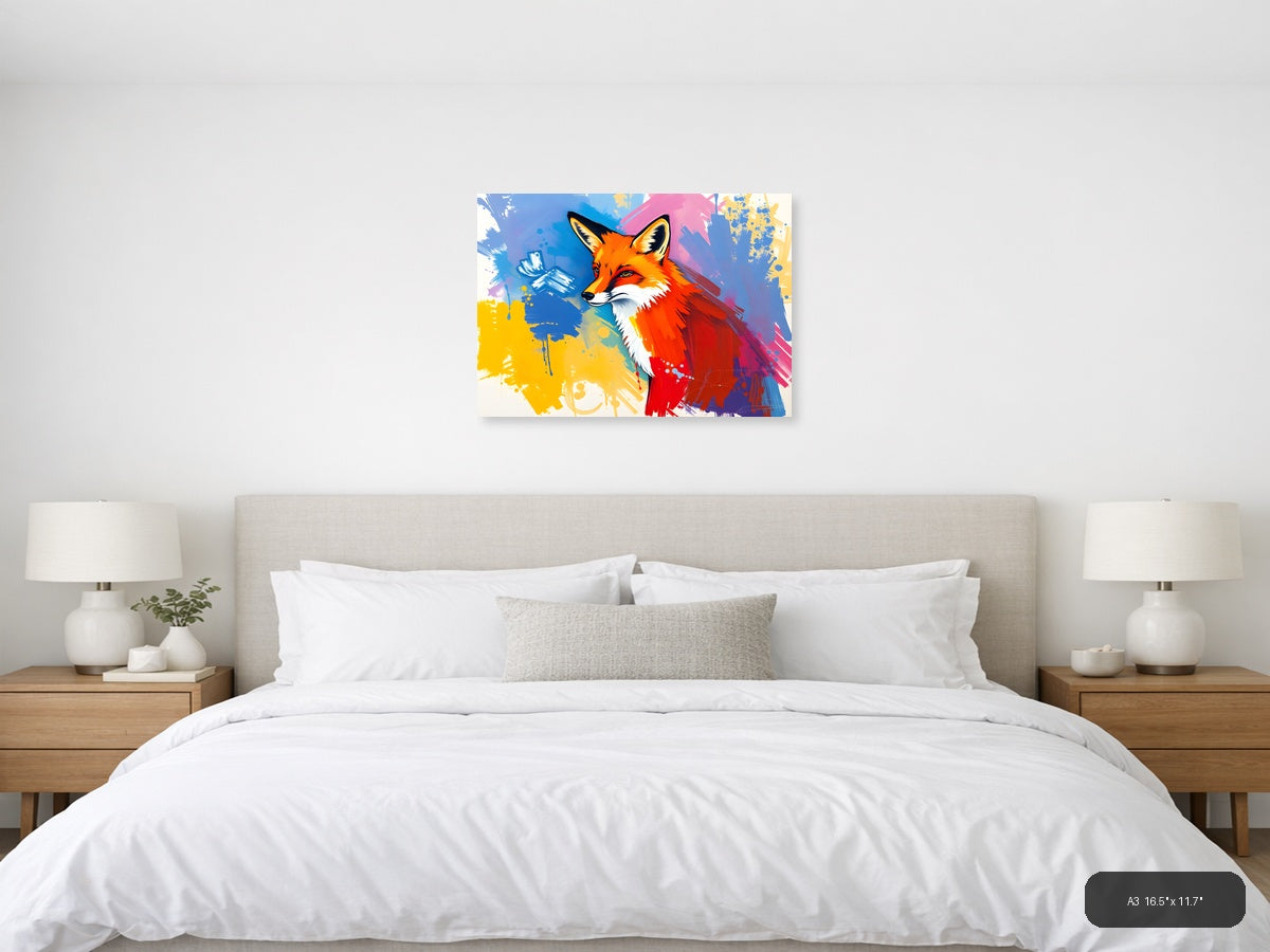 Vibrant Abstract Fox Portrait Splatter Wall Art — A3 / Bedroom