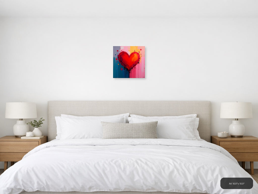 Abstract Red Heart with Dripping Paint Wall Art — A4 / Bedroom