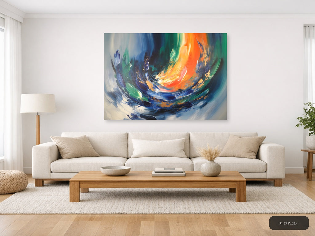 Vibrant Abstract Swirl with Orange and Blue Wall Art — A1 / Living Room