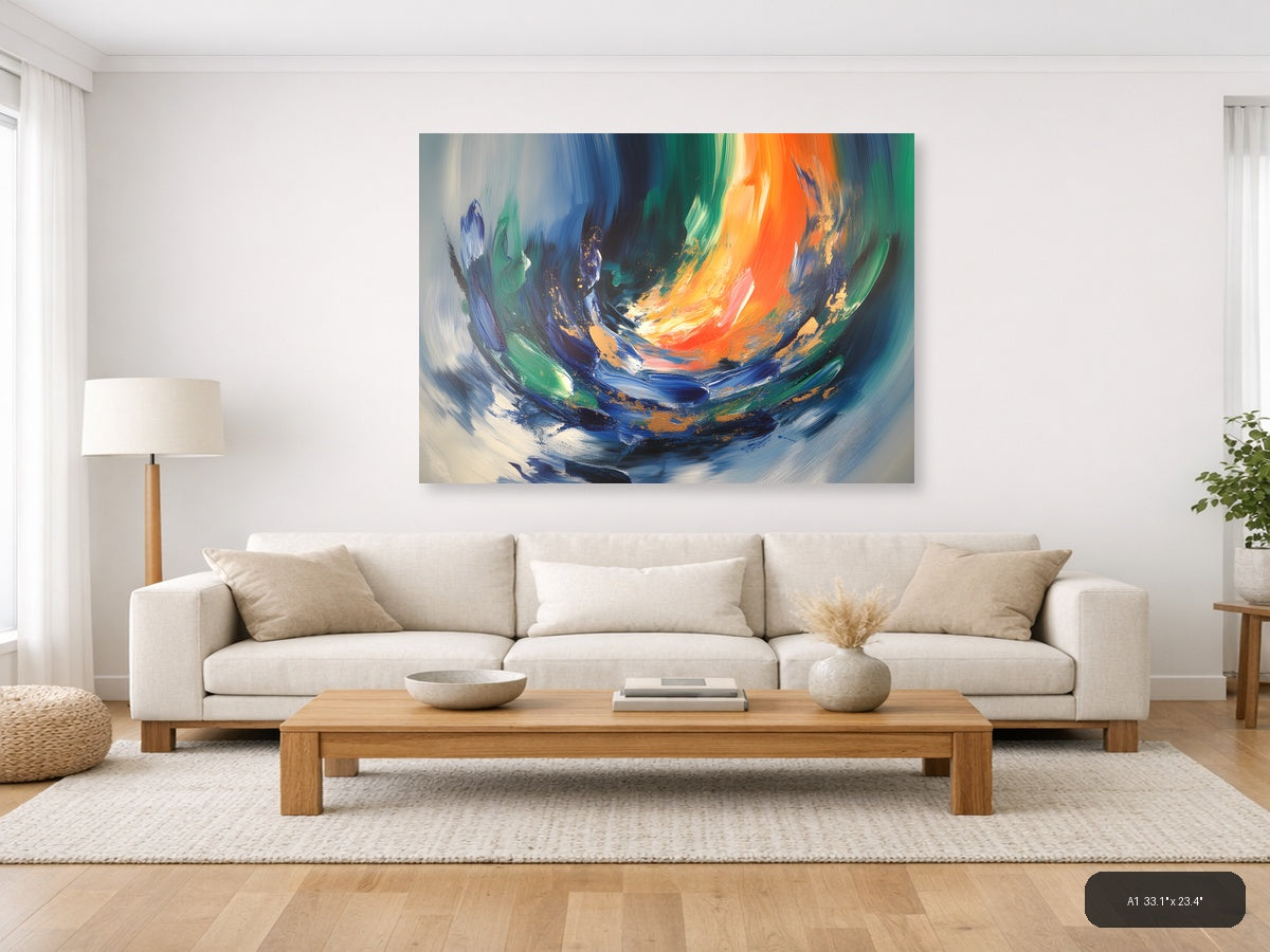 Vibrant Abstract Swirl with Orange and Blue Wall Art — A1 / Living Room
