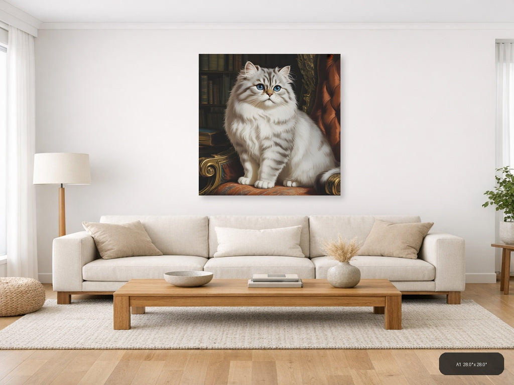 Vintage White Persian Cat Blue Eyes Library Wall Art — A1 / Living Room