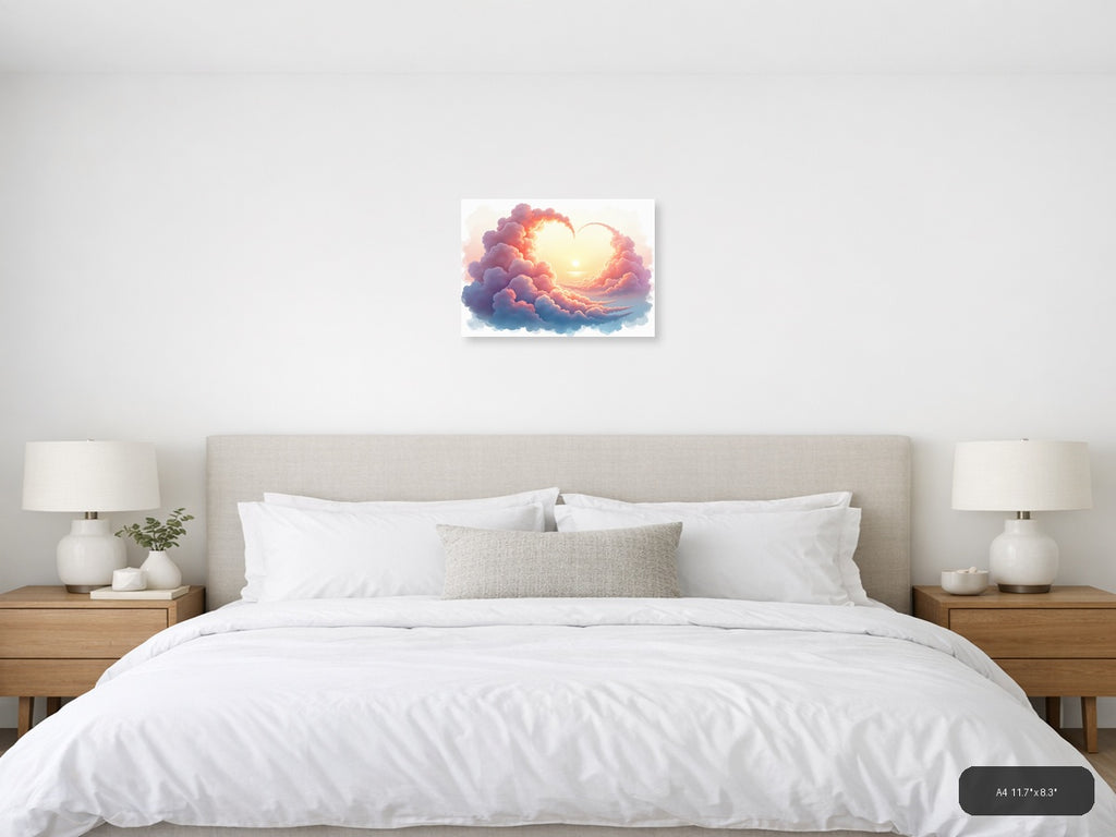 Sunset Heart Clouds Watercolor Landscape Wall Art — A4 / Bedroom
