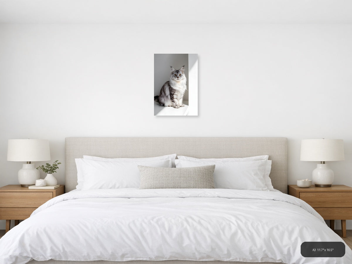 Gray Tabby Cat with Golden Eyes Minimalist Wall Art — A3 / Bedroom