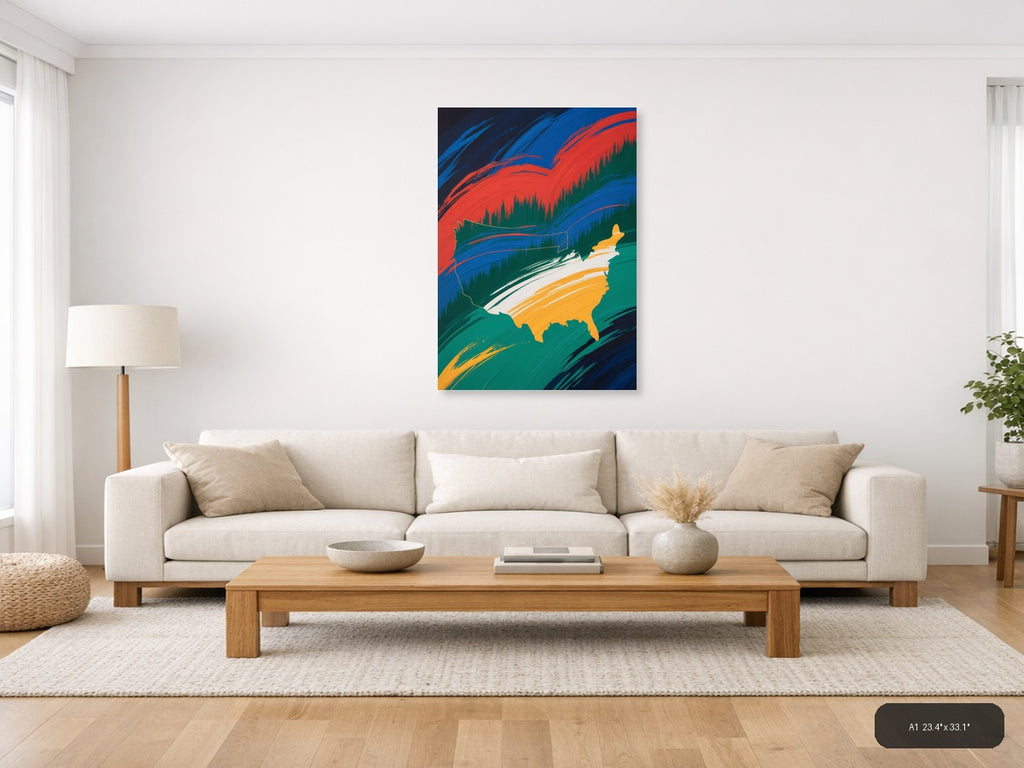 Abstract USA Map with Flowing Ribbons - Modern Wall Art — A1 / Living Room